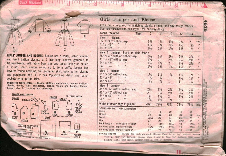 4626 Vintage Simplicity SEWING Pattern Girls Jumper Blouse 14 - Image 2 of 2