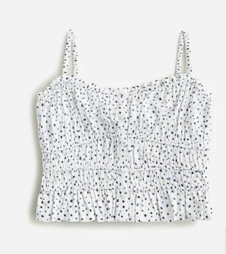 J Crew Blue + White Polka Dots Cotton Poplin Tank Top, Cinched Waist, LARGE - Picture 1 of 6