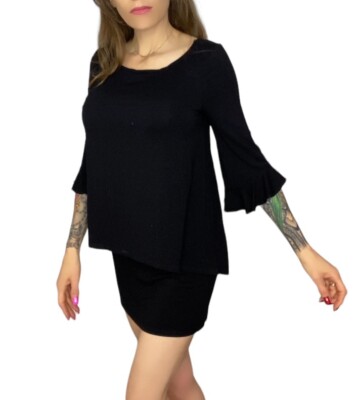 whbm holiday dresses WHBM LBD Knit Holiday Dress Layered 3/4 Flutter Sleeve Size S MINT  CONDITION
