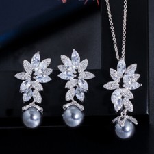 Women Silver Plated Zircon Leaf Drop Gray Pearl Earring and Necklace Jewelry Set