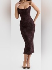 NEW House Of CB LARRA Bitter Chocolate Lace Corset Midi Dress sz XS