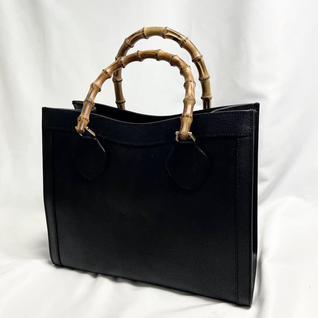 Gucci Diana Bamboo Leather Tote Bag Black A4 Large Vintage Pre-Owned