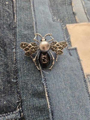 Large Silver Pearl Bee Designer Brooch Pin Pearl Rhinestone Bee Logo
