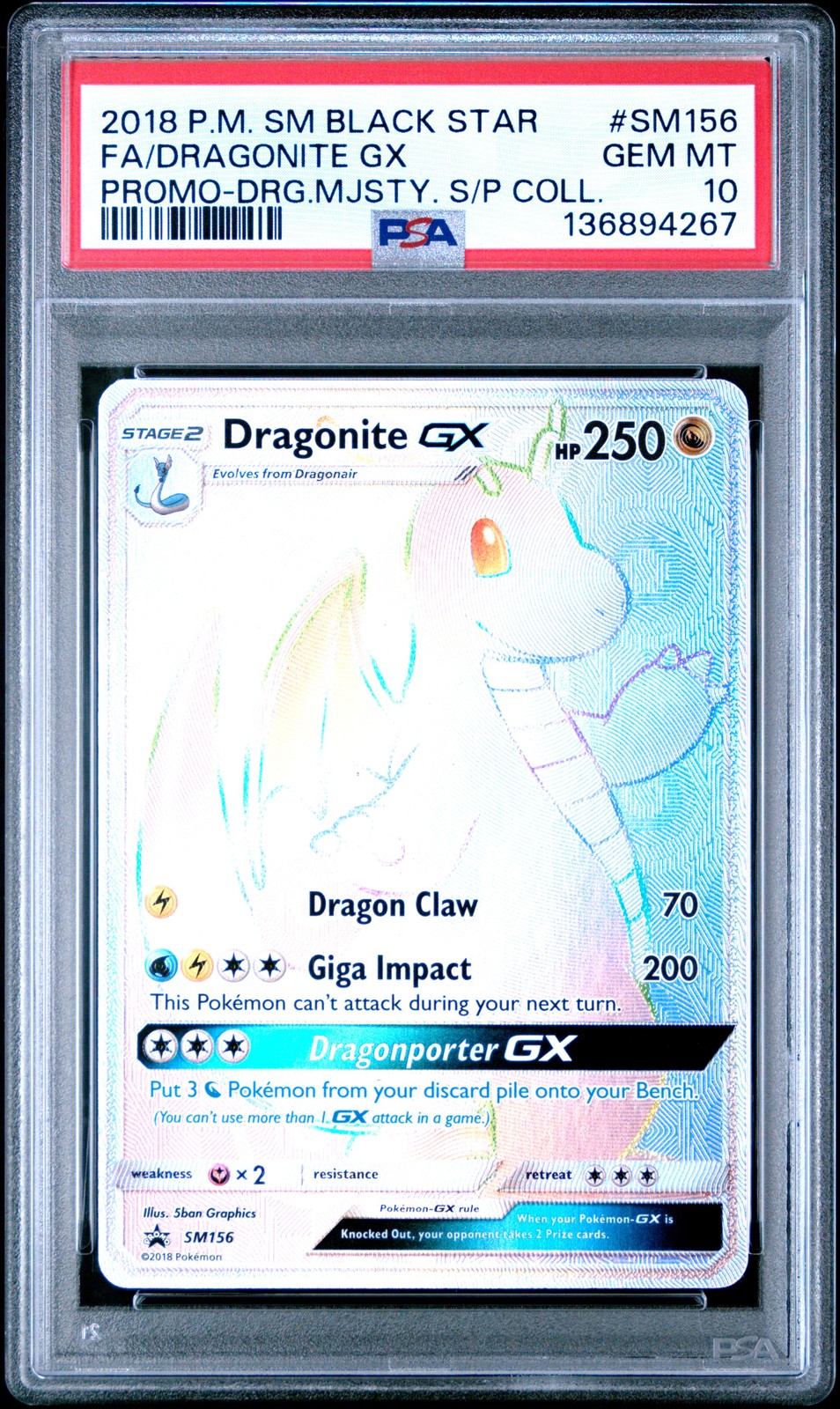 2018 POKEMON SM BLACK STAR PROMO #SM156 FULL ART/DRAGONITE GX PSA 10
