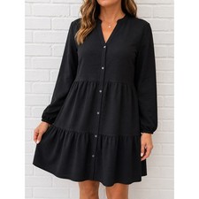 Nine West XL Black Tiered Knee Length Dress Button Front Long Sleeve Crinkle