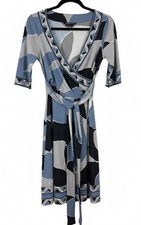 vintage bcbg maxazria Wrap dress Small Blue Gray Geometric V Neack  3/4 Sleeves