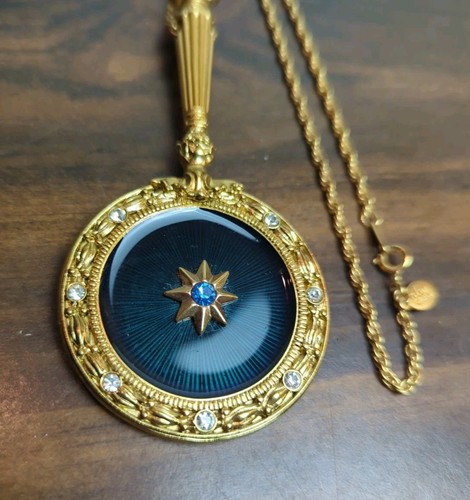 Joan Rivers Vintage Rare Signed Enamel Crystal Reversible Mirror Necklace 32”