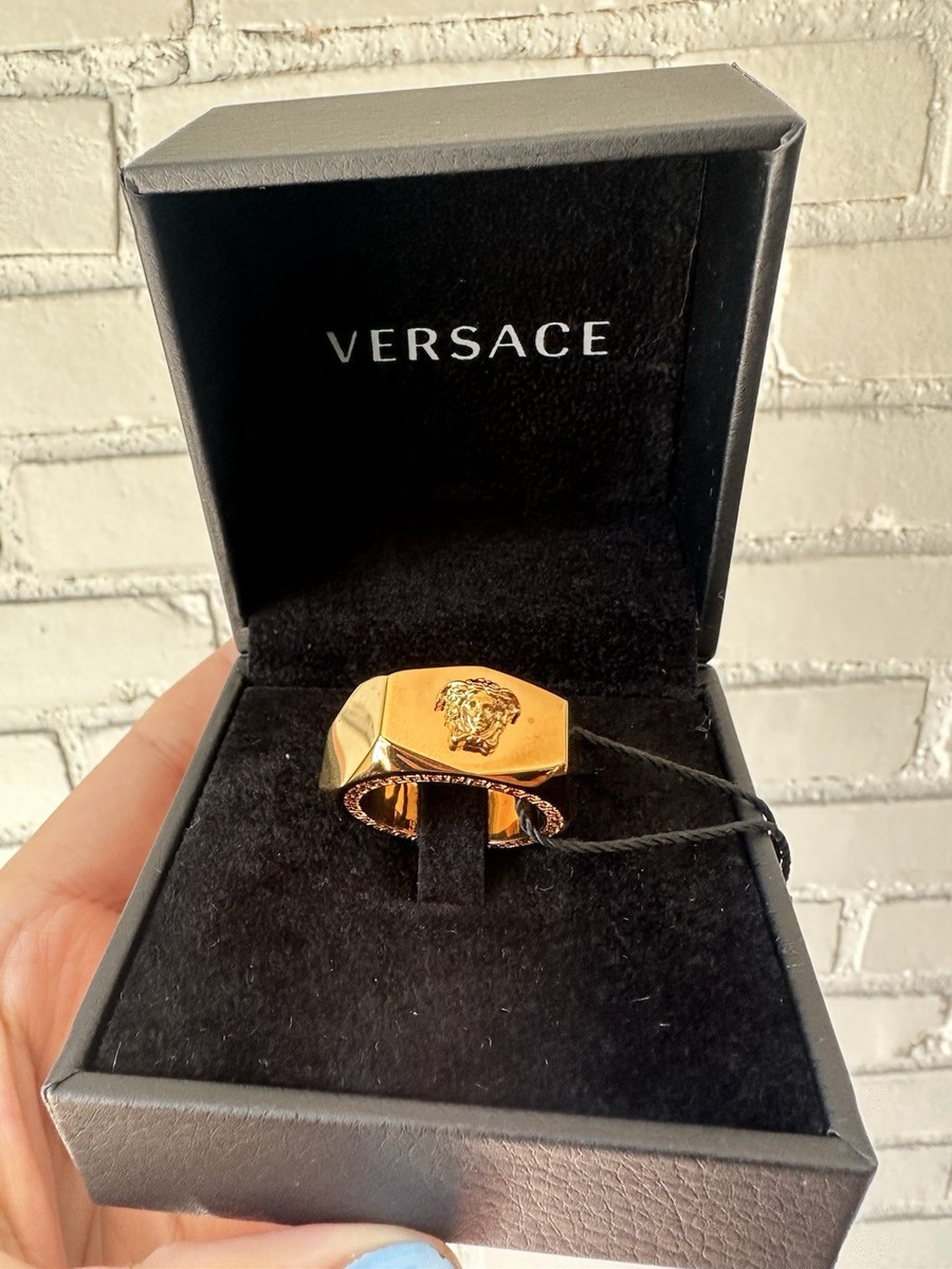 Versace Nuts & Bolts Gold Hexagonal Signet Ring Size 23 Men's