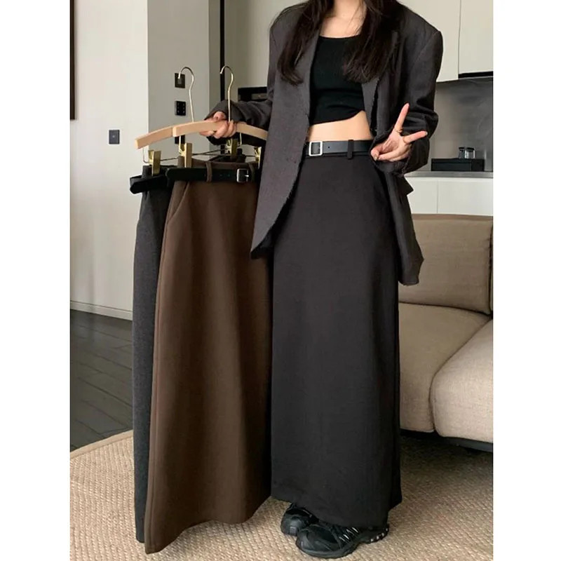 High Quality Woolen Maxi Skirts Female Elegant Chic High Waist Loose A-Line Skir