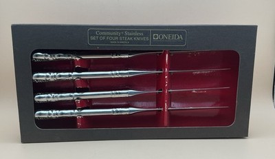 Vtg Oneida Community Stainless Steak Knives Set of 4 Ornate Handle, New Open Box