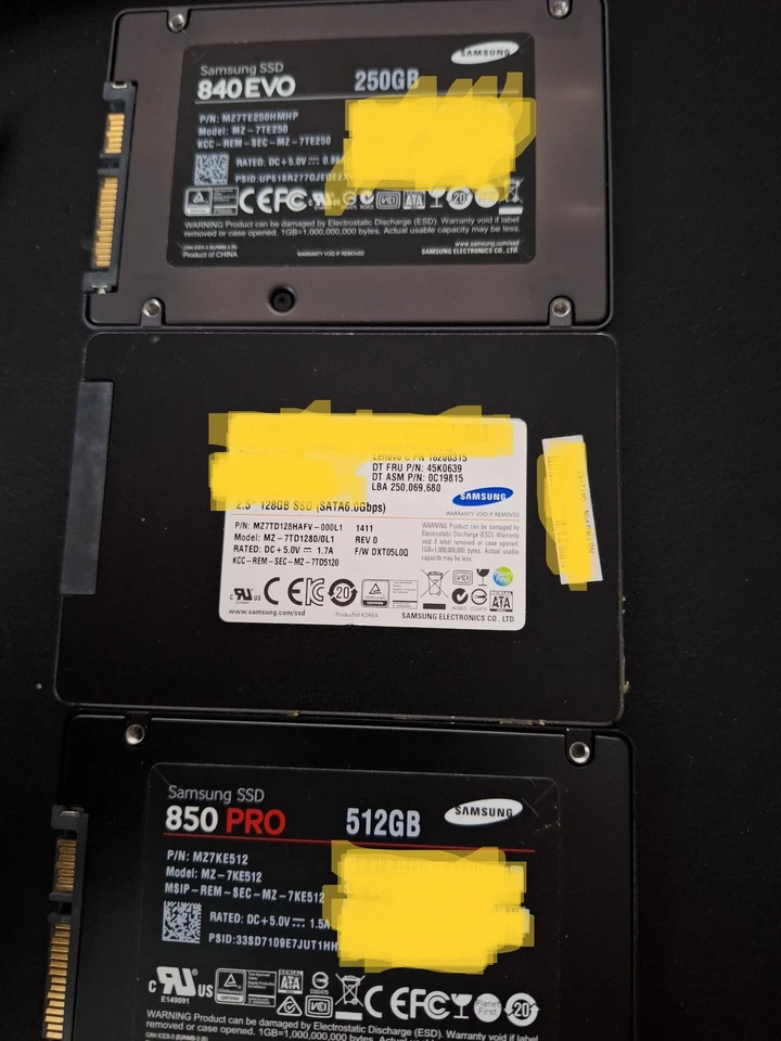 3 x Samsung SSD (1x128GB 1x250GB 1x512GB)