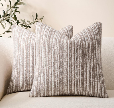 Set of 2 18x18 Inch Boucle Pillow Covers Textured Chenille Stripe Camel