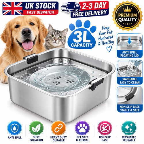 Non Spill Dog Water Bowl 3L Capacity, Splash Proof Floating Water Lid, Anti Drip