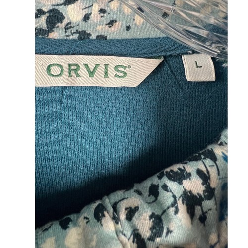 Orvis Womens Large Teal Quarter Snap Up Pullover Floral Trim Top - Picture 3 of 5