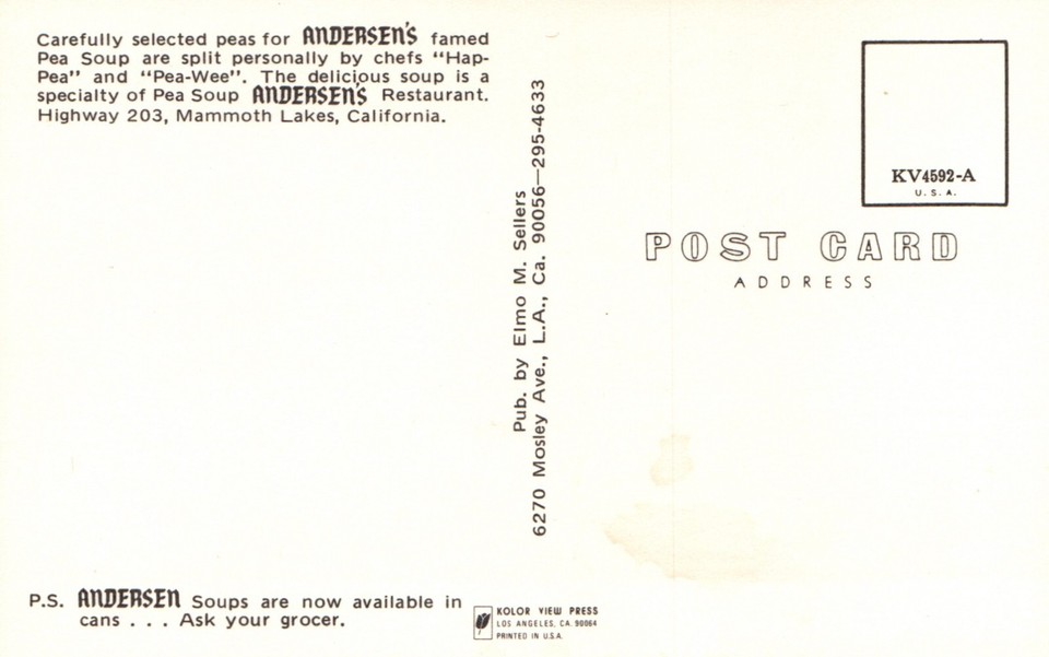 Postcard CA Mammoth Lakes Pea Soup Andersens Restaurant Chrome Vintage