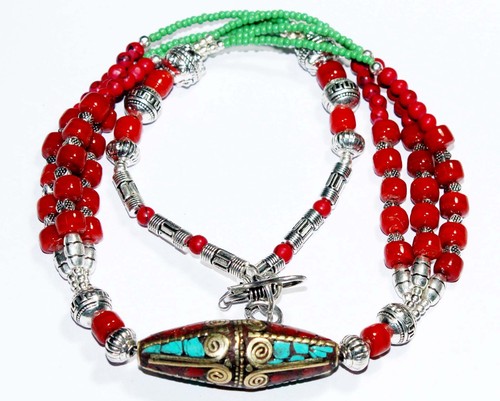 Tibetan Turquoise Red  Coral Gemstone Handmade Nepali Necklace Size 18 Inches - Picture 1 of 4