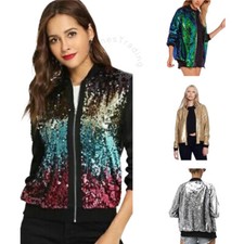 Women Sequin Glitter Bomber Jacket Ladies Biker Festival Clubbing Party Club Top