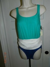NWT Robby Len 90s VTG One Piece Swimsuit Sz 14 Green Navy White