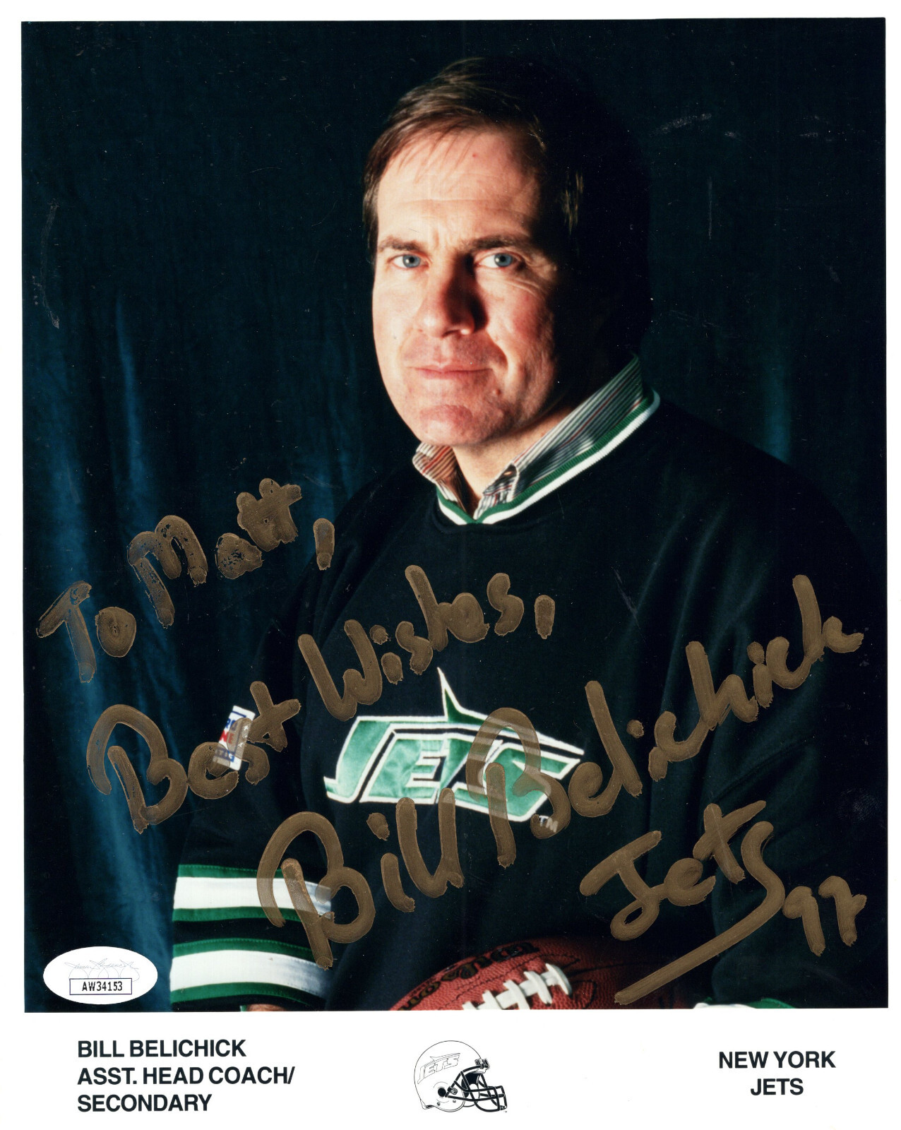 BILL BELICHICK HAND SIGNED 8x10 COLOR PHOTO    VINTAGE JETS POSE   TO MATT   JSA
