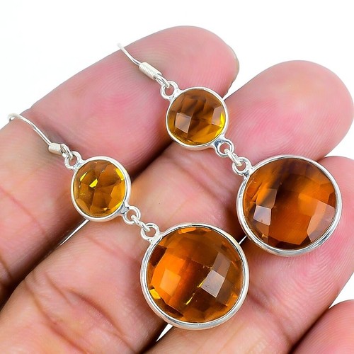 Citrine Treated Stone 925 Solid Silver Bezel Dangling Wedding Trendy Earrings