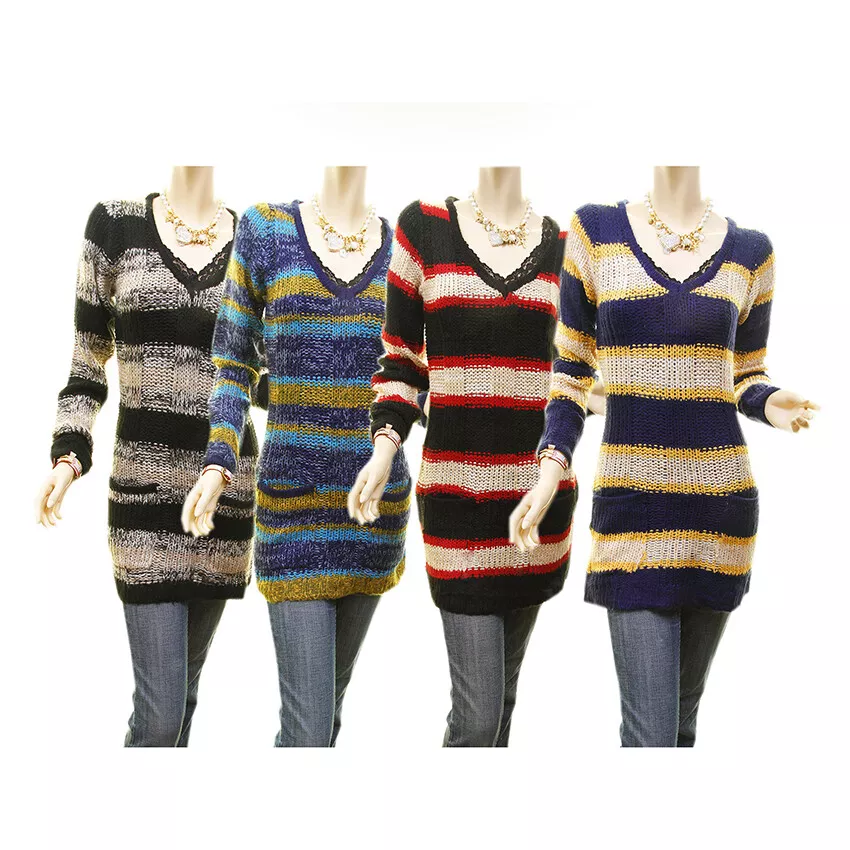 Retro Striped Tweed Cable Mix Yarn Cable Knit V-Neck Tunic Sweater Top S M L XL