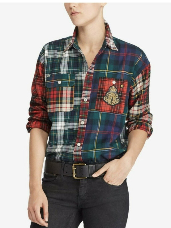 80 rare Polo Ralph Lauren Patchwork flannel crest emblem button up shirt top