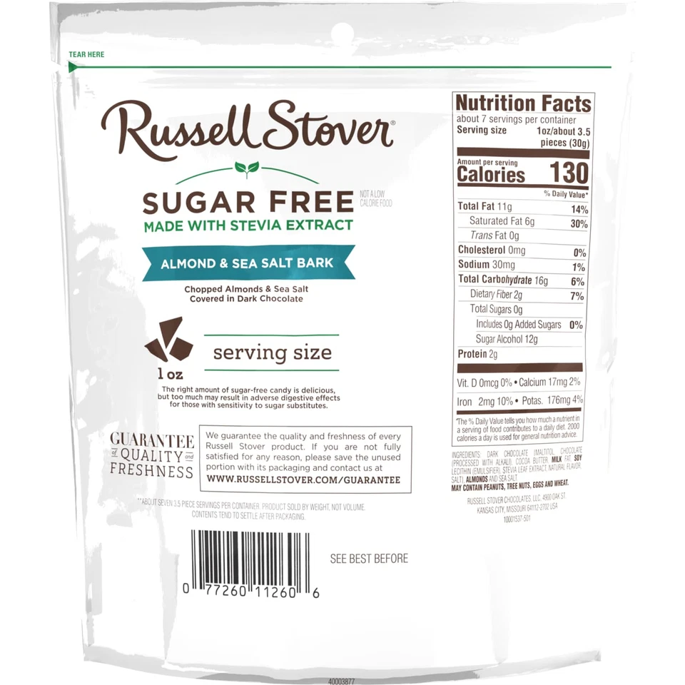 RUSSELL STOVER Sugar Free Dark Chocolate Almond & Sea Salt Bark, 7.5 Oz Bag (≈ 2 - Image 2 of 4
