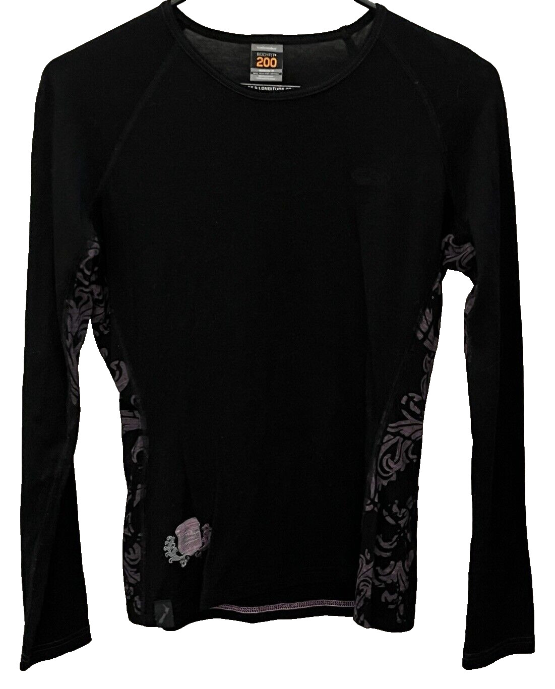 Icebreaker Bodyfit 200 Women's Small Crew Neck Top Black Purple Geometric