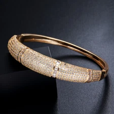 Nobel Yellow Gold Plated CZ  Bridal Big Wide Open Cuff Bangle Costume Jewelry