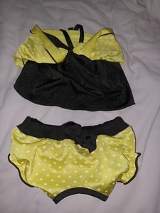 DOG 2 PIECE BIKINI SET. BLACK, YELLOW W/WHITE POLKA DOTS  SIZE MEDIUM EUC