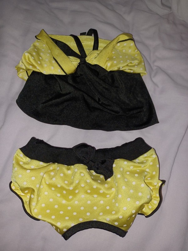 DOG 2 PIECE BIKINI SET. BLACK, YELLOW W/WHITE POLKA DOTS  SIZE MEDIUM EUC