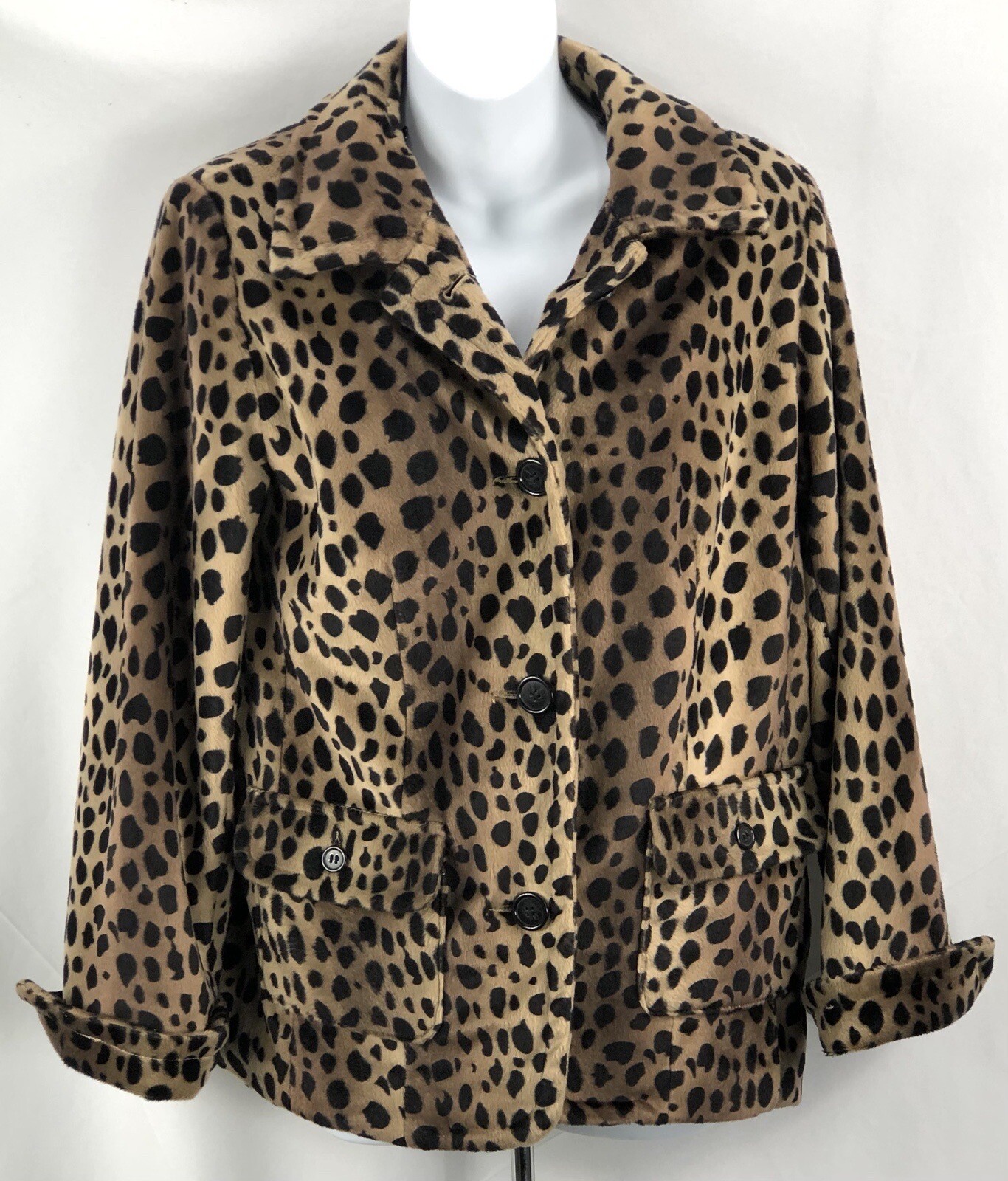 Dennis Basso Plush Jacket Coat Leopard Pockets Collar 2000s Y2K 90s Glam Chic