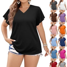 Womens Tops Plus Size Short Sleeve T Shirt Summer V Neck Casual Top Basic Tee