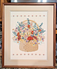 Vtg Crewel Large Framed Embroidery Floral Picture Basket Of Flowers 23" x 19"