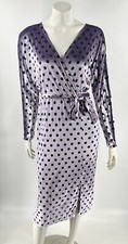 ASOS Midi Dress Sz 8 Purple Black Polka Dot Velour Slit Leg Stretch Long Sleeve