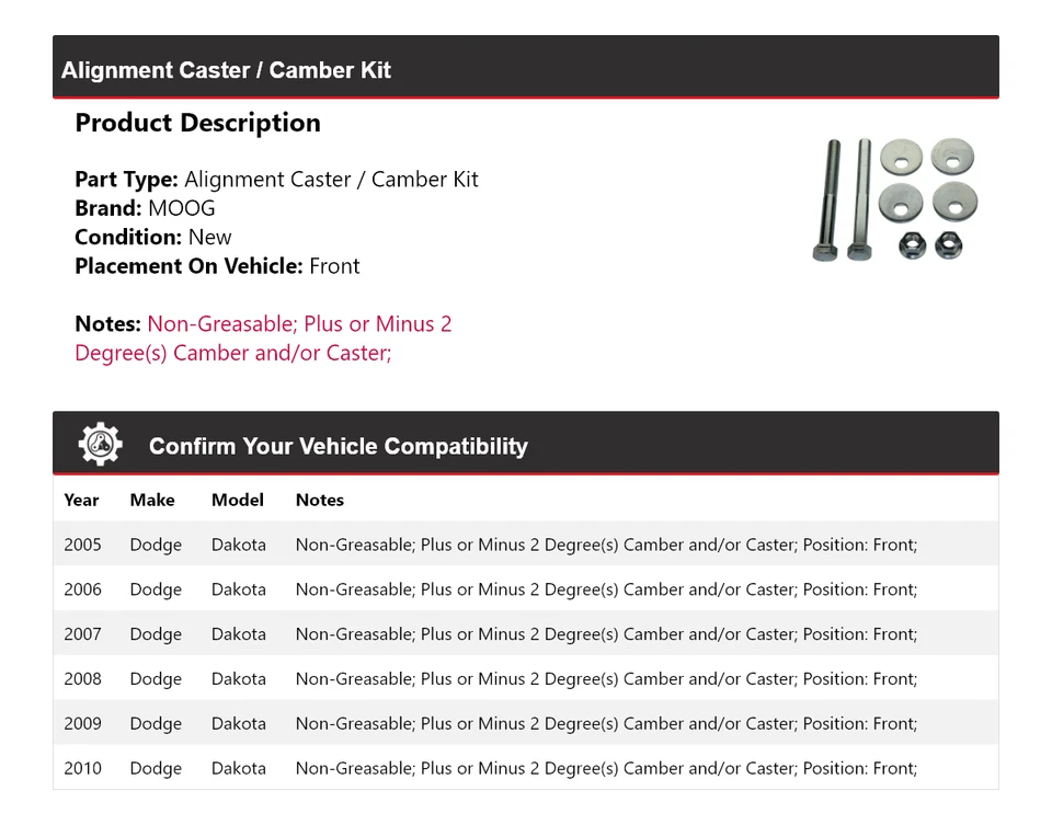 Kit de rueda de alineación/camber delantero MOOG 2005-2010 Dodge Dakota 2005 2006 Foto 2 de 3