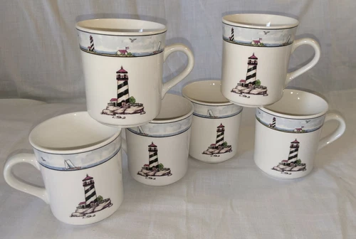 Set Of Six  Coastal Lighthouse Mugs White and Blue Totally Today Nautical Beach