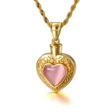 Gold Heart Love Pink CZ Zircon Pendant Necklace Stainless Steel Bling Women Girl