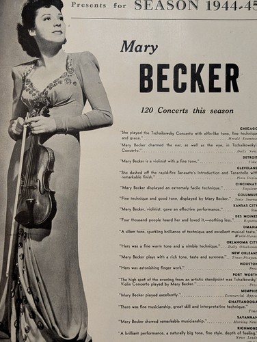 Mary Becker 1944 Booking Ad Musical Performer Concert Violinist - Picture 1 of 2
