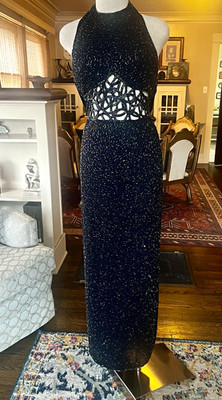 Vintage Scala Black Beaded Silk Halter Maxi Dress Cutout Size S 90s