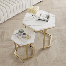 Nesting of 2 White Marble Effect MDF Golden Metal Frame Side End Nested Tables