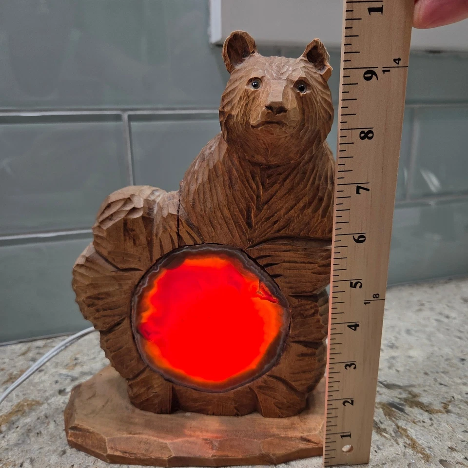 Hand Carved Wooden Bear Lamp with Agate Glow Light Rustic Cabin Decor - Image 2 of 4