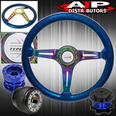 Blue Extender + Quick Release + Neo Chrome Blue Steering Wheel For 95-00 Eclipse