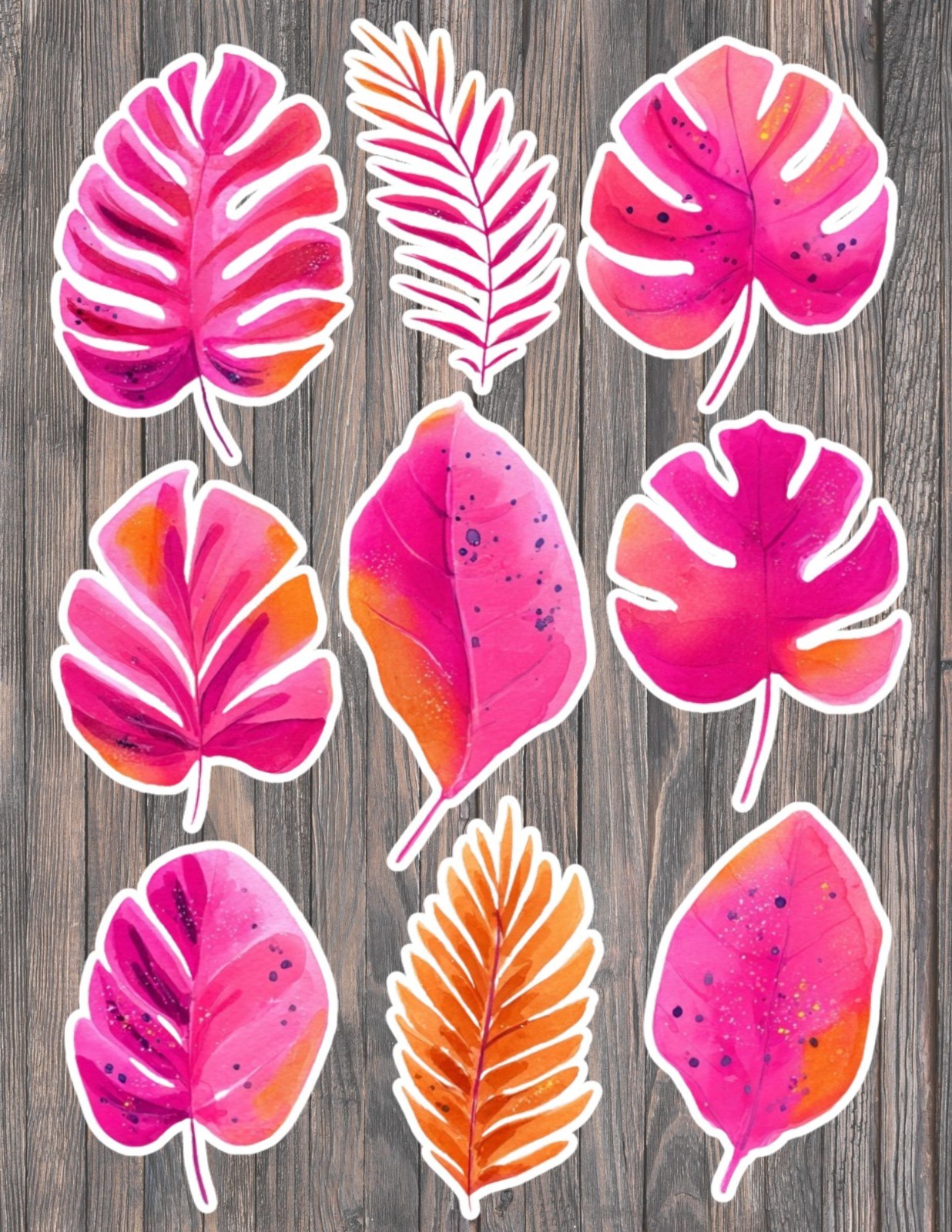 Pink Tropical Leaves Die Cut Vinyl Stickers Set Scrapbooking Laptop Waterbottle