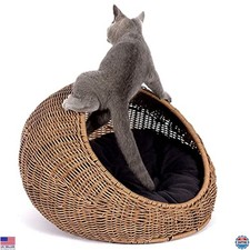 Wicker Cat Bed Dome for Medium Cats - Covered Hideaway Hut, Washable Basket