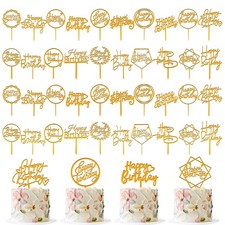 40 PCS Gold Happy Birthday Cake Topper Acrylic Birthday Cupcake Topper Cake P...