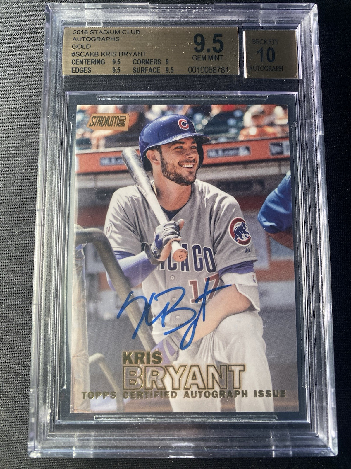 2016 Kris Bryant Stadium Club Gold Auto /25 BGS 9.5 Gem Mint Cubs Card