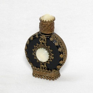 Vintage Austria Black Glass Perfume Scent Bottle w/ Gold Metal Cladding Filigree