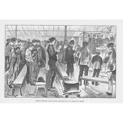 LONDON Sunday Service at South Metropolitan Gas Co Works - Antique Print 1890