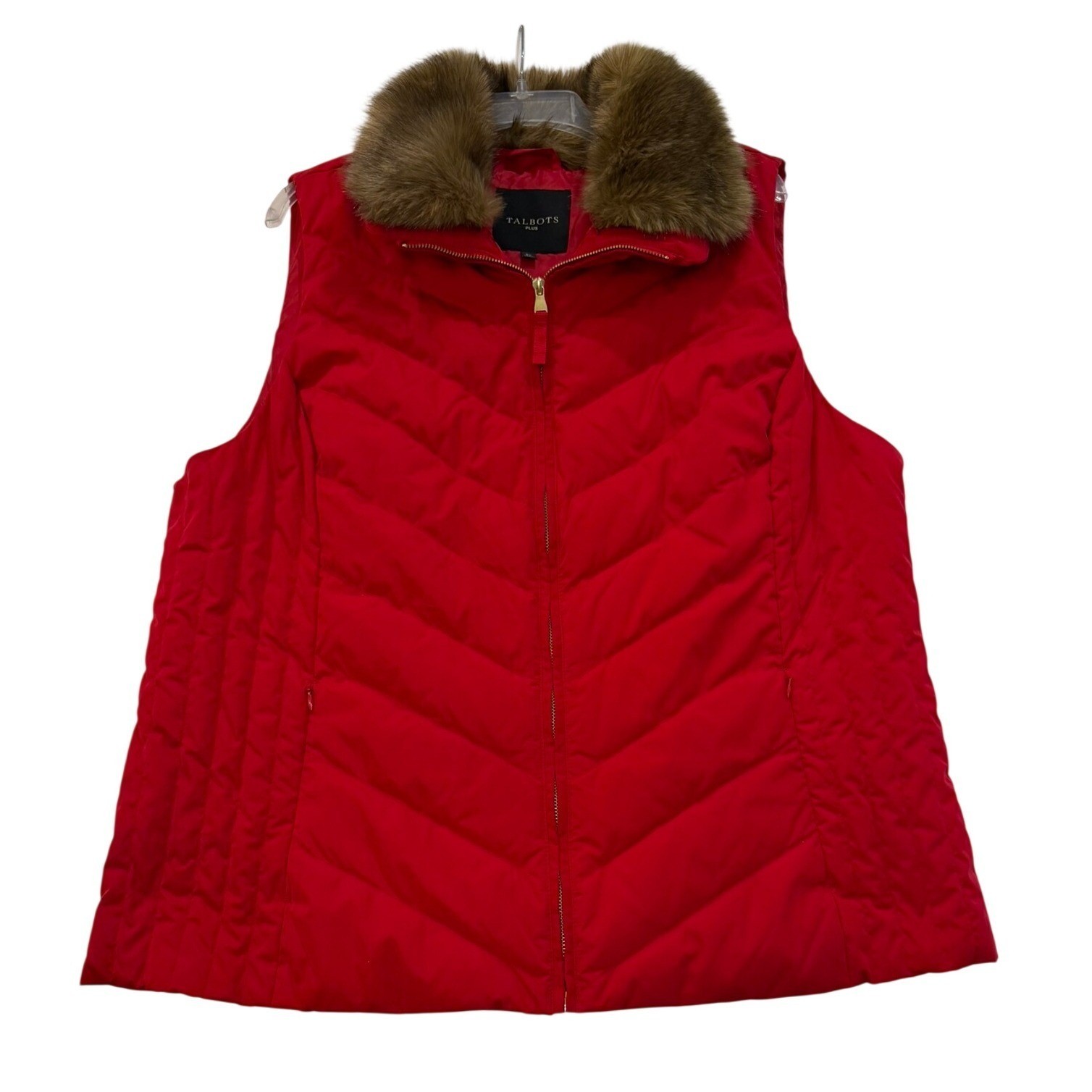 Talbots Plus Red Down Puffer Vest Faux Fur Collar Chevron Quilted Womens 2X